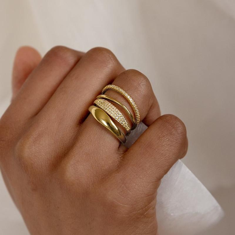 Huitan Модный набор из 4 колец для женщин, цвет золотистый/цвет цинкового сплава, кольца на пальцы, циркон, блестящая циркония, съемные, для ношения, женские аксессуары