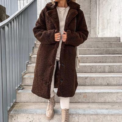 Зимняя женская куртка из толстого флиса с отложным воротником, длинными рукавами, застежкой на пуговицы, однотонная, средней длины, сохраняющая тепло