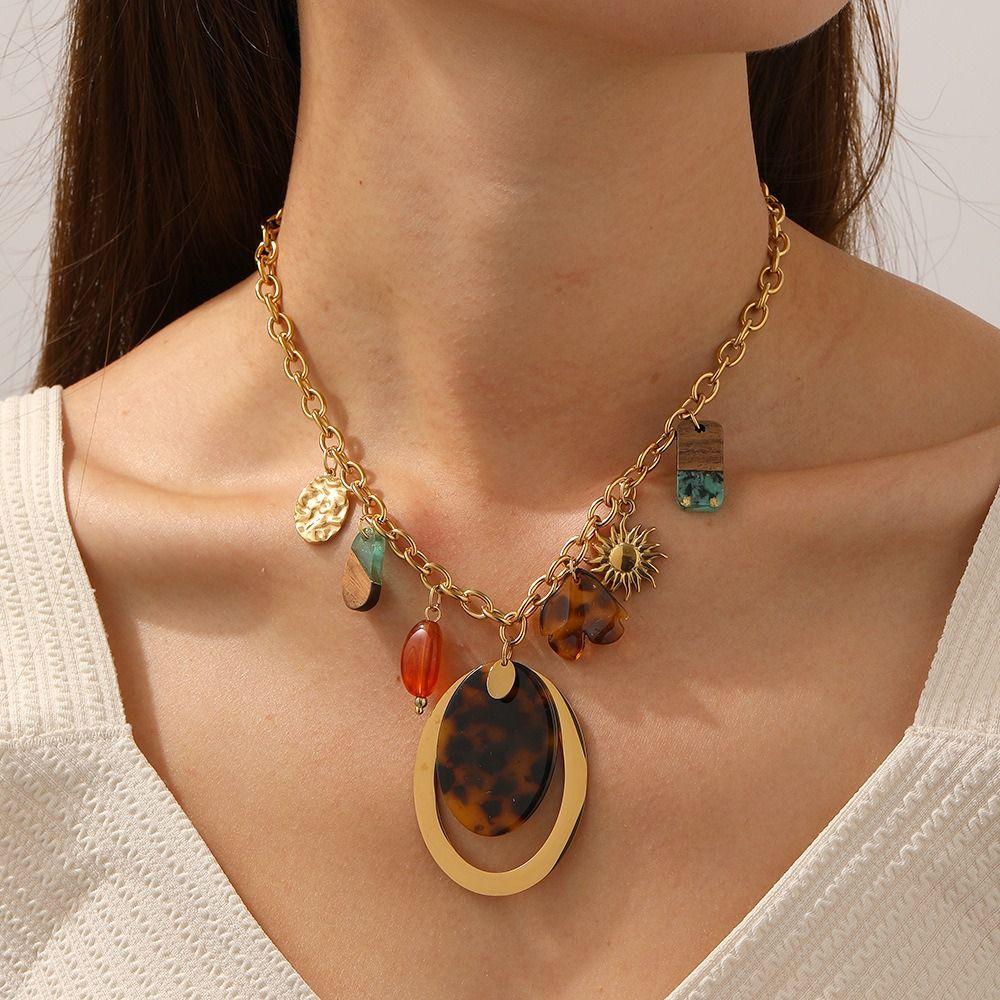 Gold Tone Multi Pendant Necklace Multi Charms Boho Jewelry Statement Chain Necklace Daily Wear