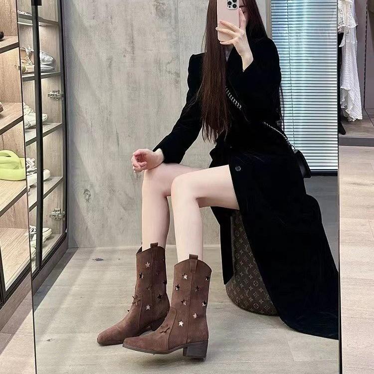 New Boots for Spring and Fall Square Head Vintage Thick Heel Ankle Boots Knight Boots Western Cowgirl Boots