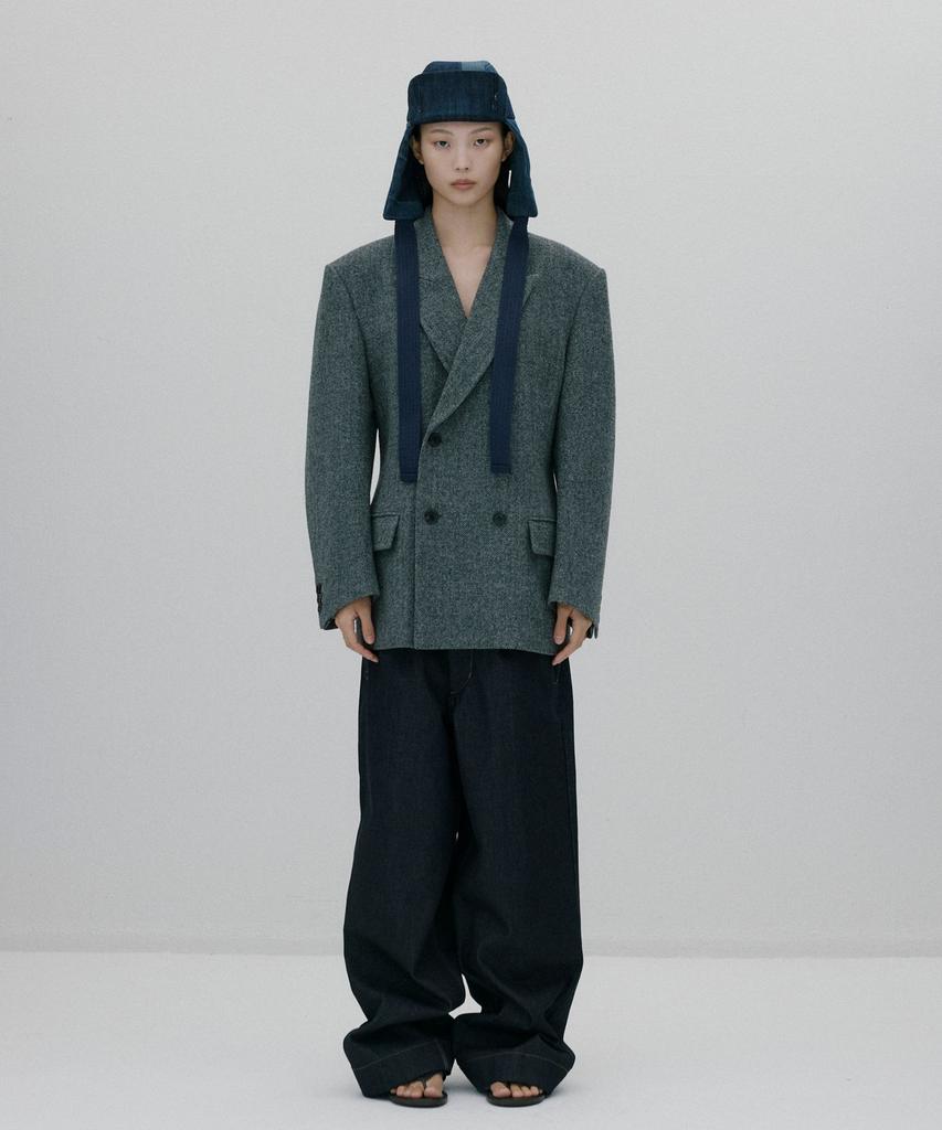 SOONJEANS Herringbone Double-Breasted Jacket [Gray]