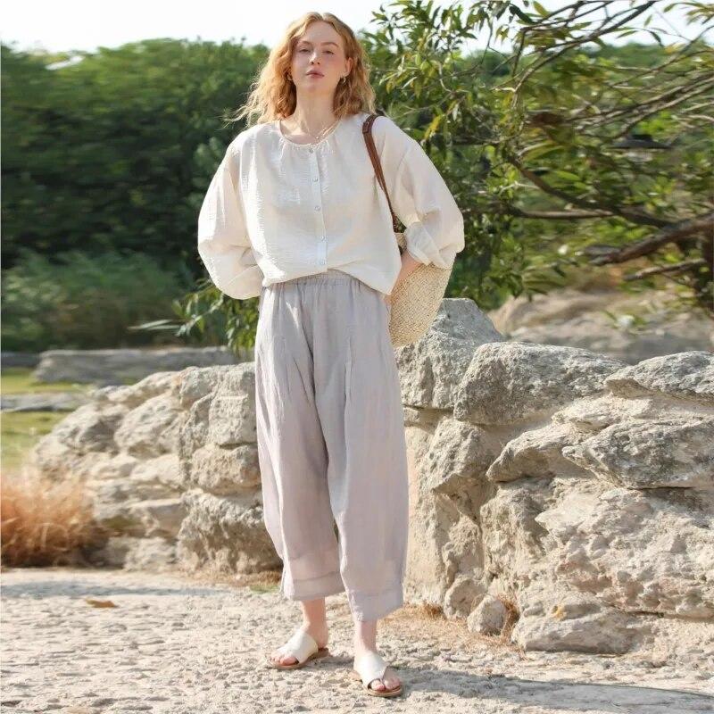 Летние брюки с редисом, свободные эластичные пояса, слегка прозрачные двойные женские брюки с высоким счетом