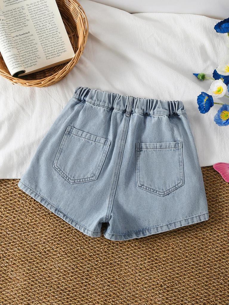 Girls' Casual Light-Wash Blue Denim Shorts – Stylish, Edgy-Sweet Look with Bow Embroidery (Summer Style)