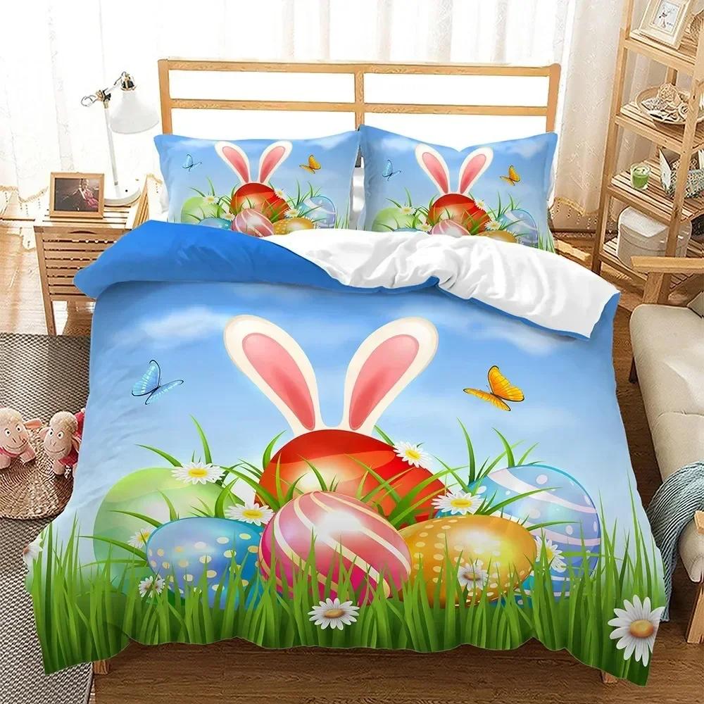 E-Easter Duvet Cover Set Single Twin Size Colorful E-Easter Eggs Nest Bunnies Theme Bedding Set Kids Boys Girls Polyester