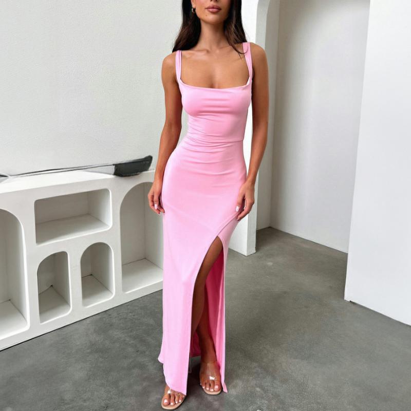 Европейское и американское летнее сексуальное однотонное облегающее платье без рукавов с разрезом на спине
