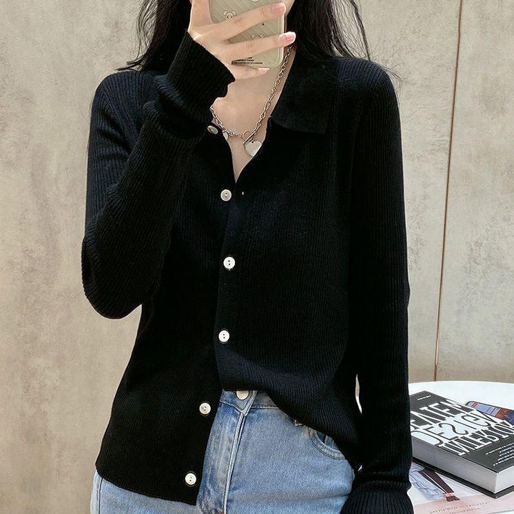 Retro Easy To Wear Amazing Swan Neck Fashionable POLO Neck Solid Color Temperament V-Neck Knitted Sweater Female