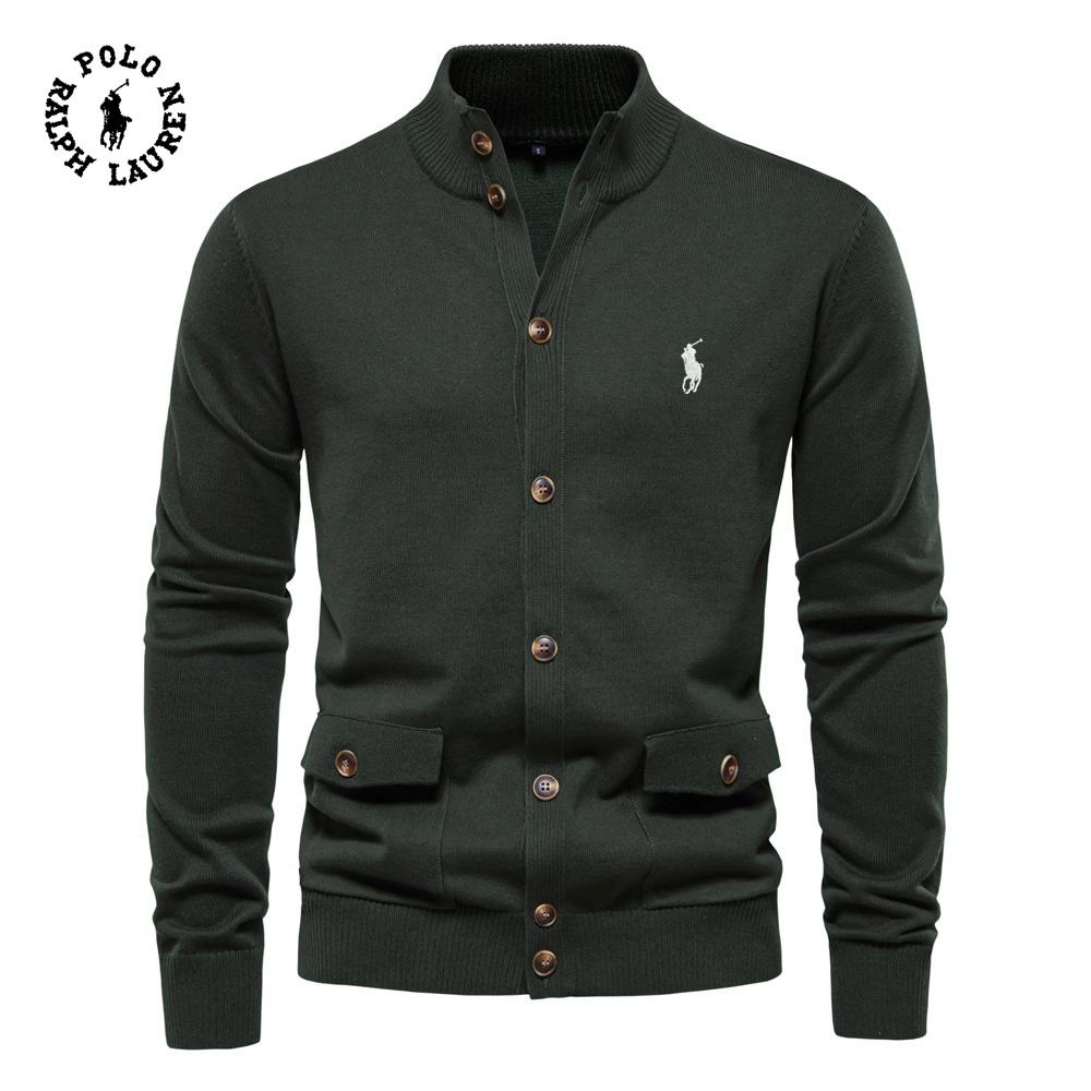 Ralph Lauren Осень-Зима Новый мужской топ-кардиган с вышивкой, Высококачественный однотонный свитер Business Casual для мужчин