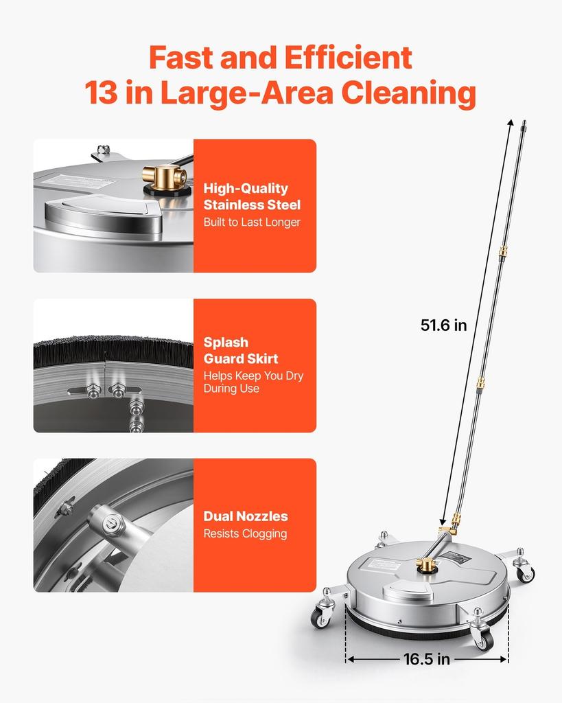41.9 cm Pressure Washer Surface Cleaner with Wheels, Stainless Steel, Power Washer Attachment for Concrete, Patio, Driveway, Floor & Undercarriage,