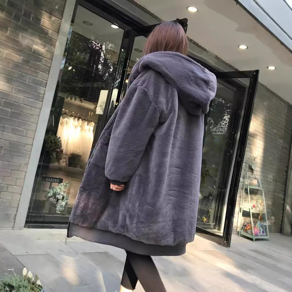 Зимняя длинная куртка большого размера из кроличьего меха, женское пальто с капюшоном, новая утолщенная теплая плюшевая одежда на молнии