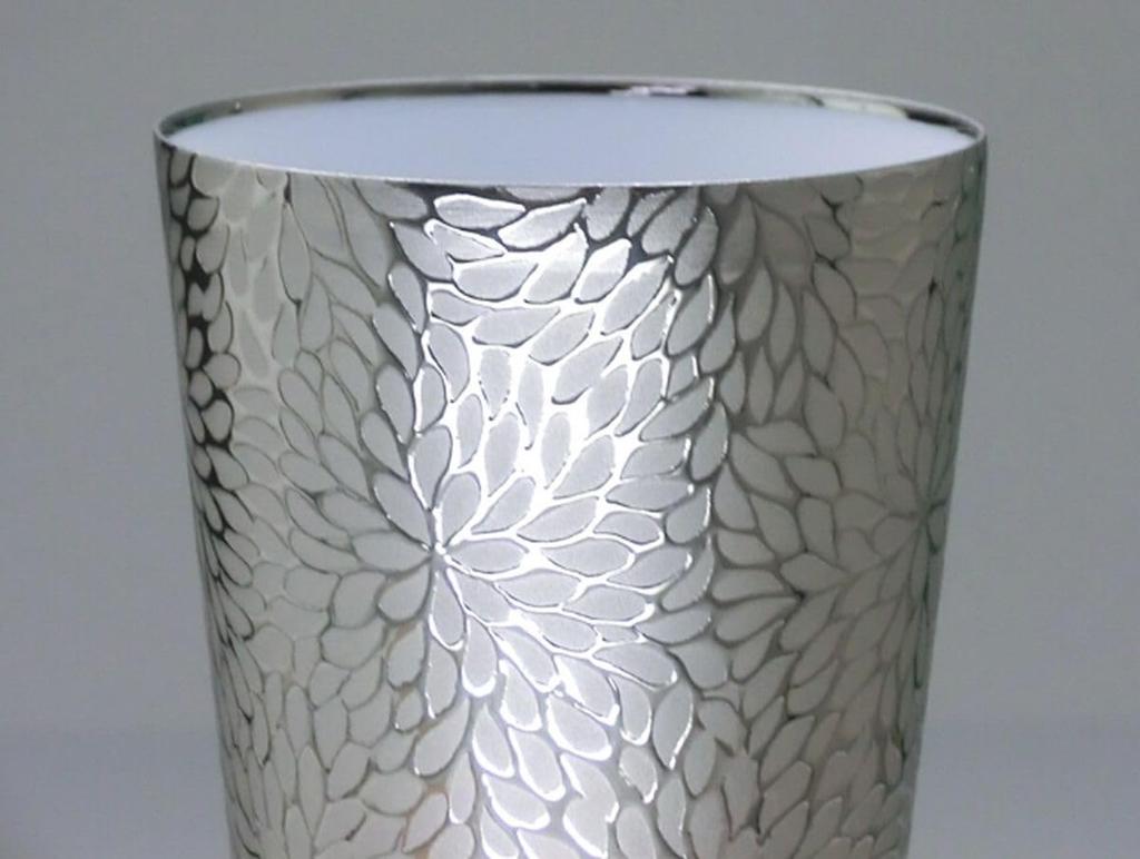 Platinum Tumbler with Chrysanthemum in a Wooden Made in Japan J-Kitchens Ultra-Thin Design, 370ml, Box,