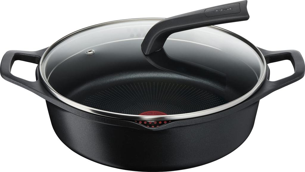 Tefal Pot 28cm Cast Line Yet Light and Easy To Use Compatible with IH Gas Fires Free of Harmful Substances Such As PFOA and Aroma Pro Shallow Black