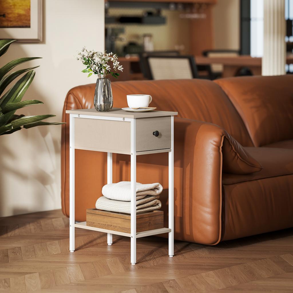 Narrow Side Table with Drawer Open Shelf and Metal Structure for Living Room Bedroom 25x39.8x58.2 cm Natural