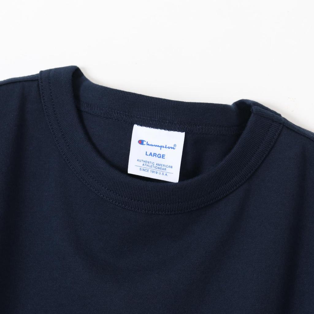 Футболка короткая круглая с логотипом в одну точку, базовая модель L [Champion], рукав, горловина, 100% хлопок, вышивка, C8-X317 Мужская, цвет темно-синий/розовый