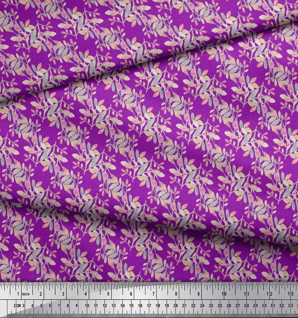 Soimoi Green Poly Crepe Fabric Buds & Leaves Print Fabric by metre 42 Inch