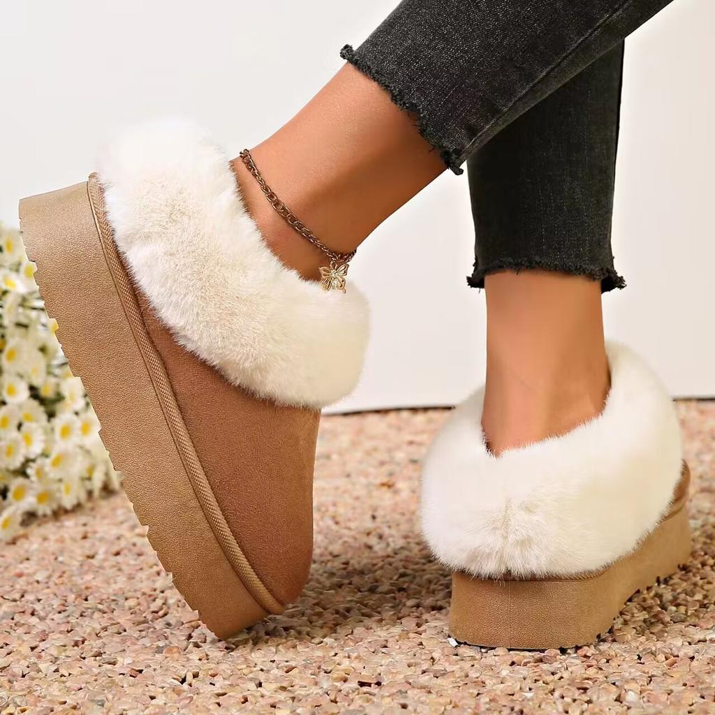 Fashion Fluffy Faux Fur Platform Snow Boots Women Thermal Plush Slip On Winter Boots Woman Thick Sole Non Slip Warm Cotton Padded Shoes