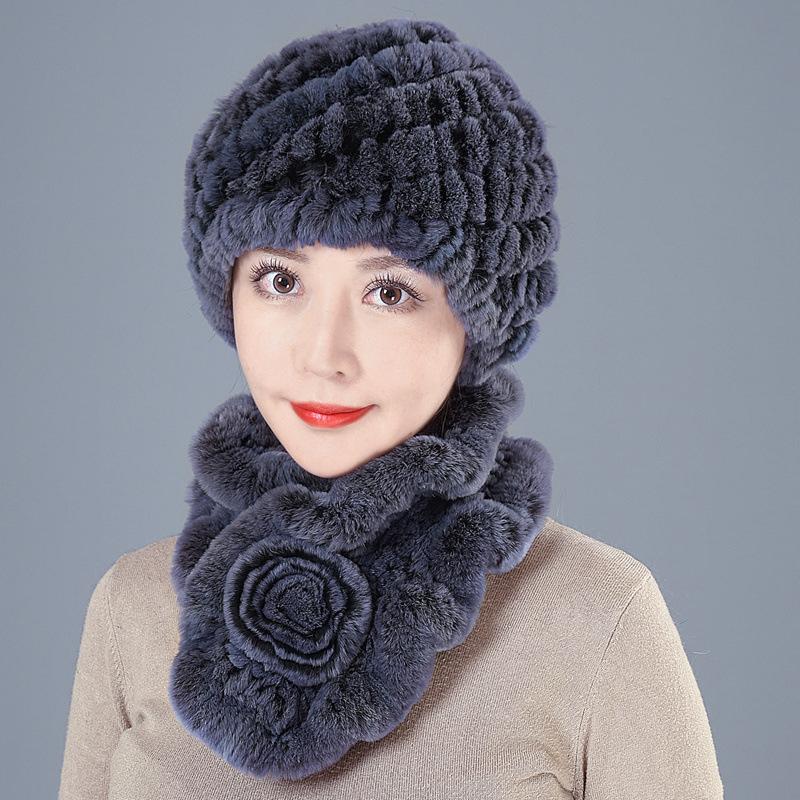 Middle-aged Rex Rabbit Hair Hat Female Autumn and Winter Warm Elderly Grandmother Ear Protection Fur Mother Wool Scarf