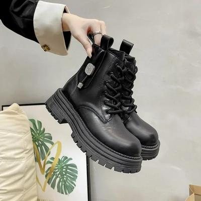 Мода 2024 года, осень и зима, модные короткие ботинки, нескользящие, на толстой подошве, однотонные, со шнуровкой, женские туфли, новая модная обувь для активного отдыха
