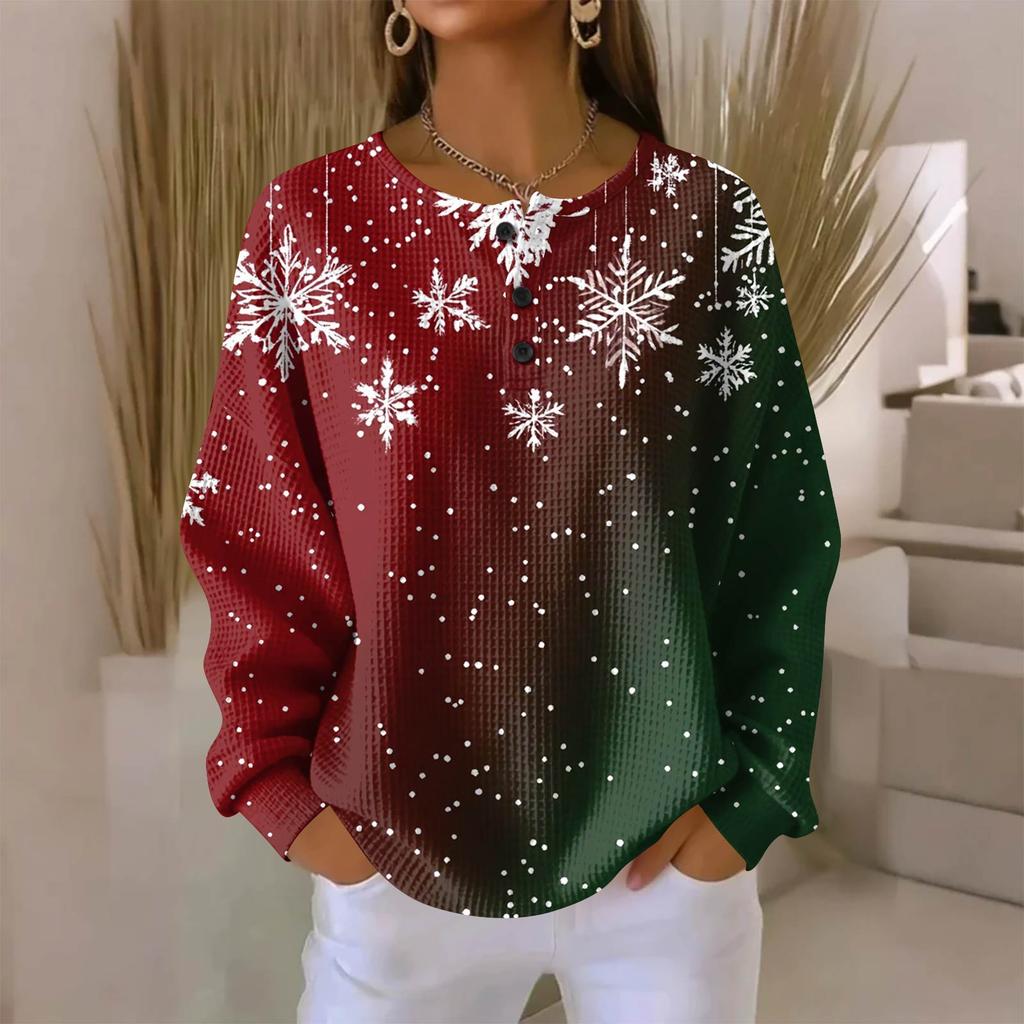Women's Fashionable Casual Christmas Print V-Neck Long-Sleeved Button-Down Blouse