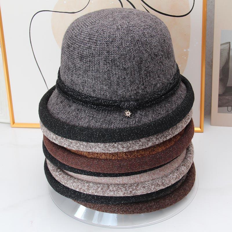 Autumn and winter retro knitted bucket hat women's curled short-brimmed top hat elegant middle-aged mother hat foreign style versatile thermal hat