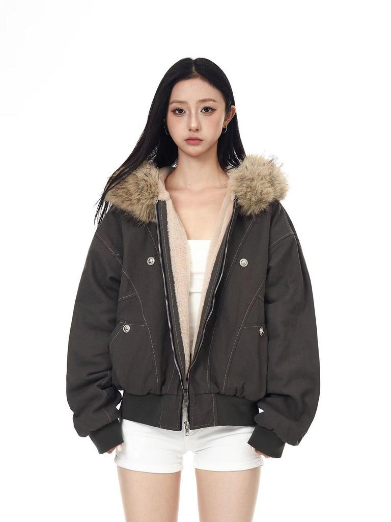 Унисекс ретро хлопковая куртка с капюшоном, пэчворк, меховой воротник – Зимний дизайн, короткая верхняя одежда с флисовой подкладкой.