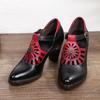 Genuine Leather Hollow Out Thick Heel Pointed High Heels Retro Pumps Hand Painted Shallow Women's Shoes