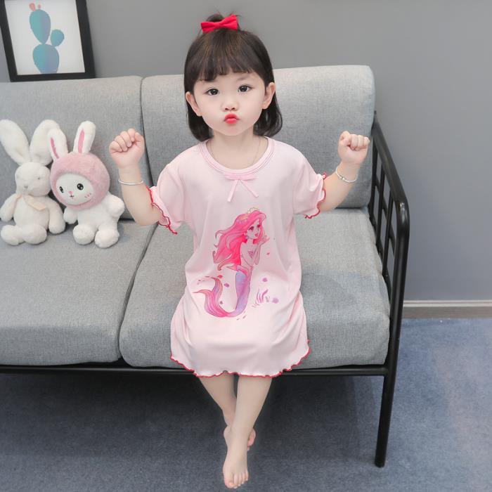 Girls Mermaid Princess Short Sleeve Nightgown Summer Ice Silk Thin Pajamas Kids Baby Home Wear Dress