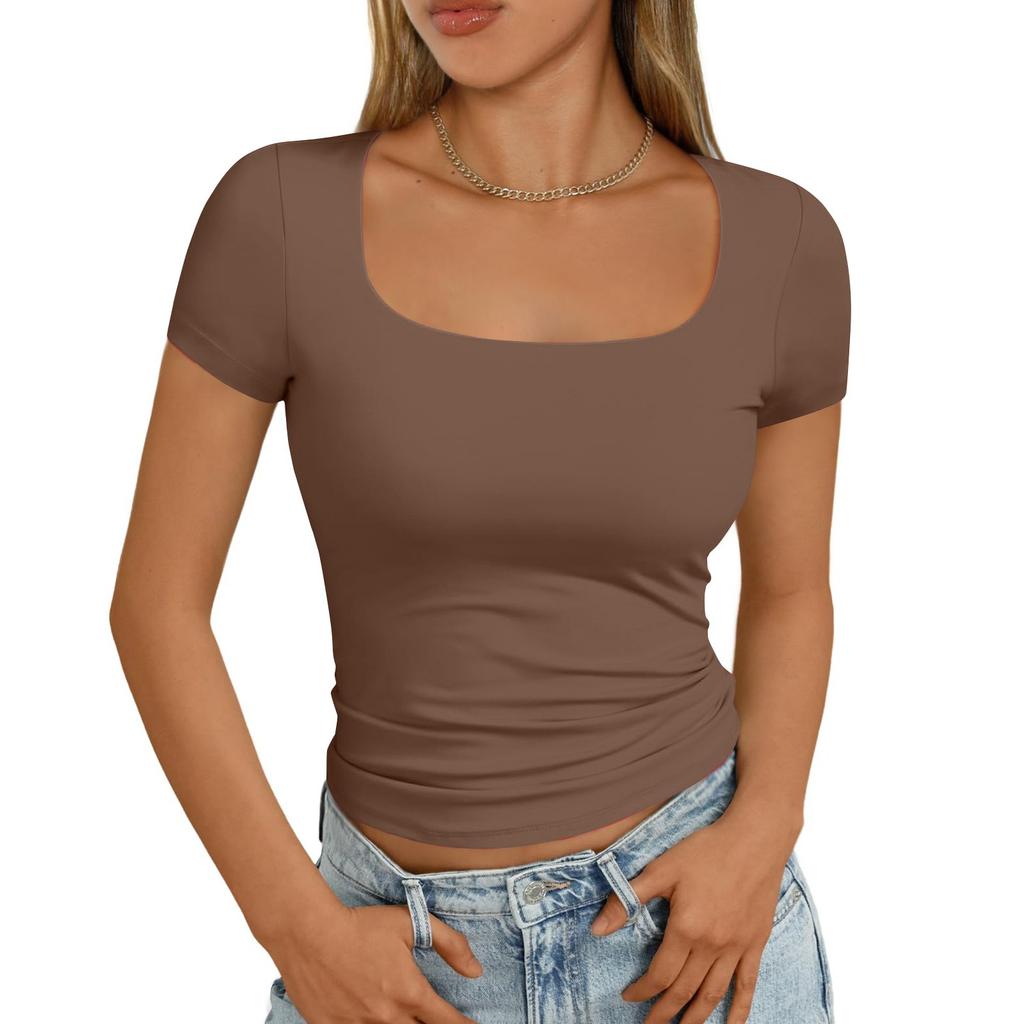 Женская мода повседневная узкая рубашка с коротким рукавом и квадратным вырезом, верхняя одежда, топы