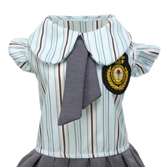 Pet Preppy Dress Shirt Summer Puppy Fly Sleeves Embroidered Badge Tie Striped Dress Top Breathable Pet Costume Outfit Apparel for Small Dogs