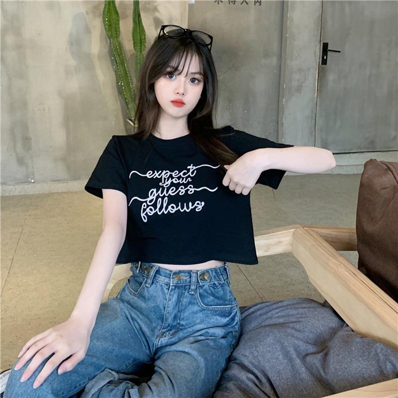 Letter Embroidered Short-sleeved T-shirt for Women In Summer Korean Style Ins Trendy Small Slim Short High Waist Navel Top