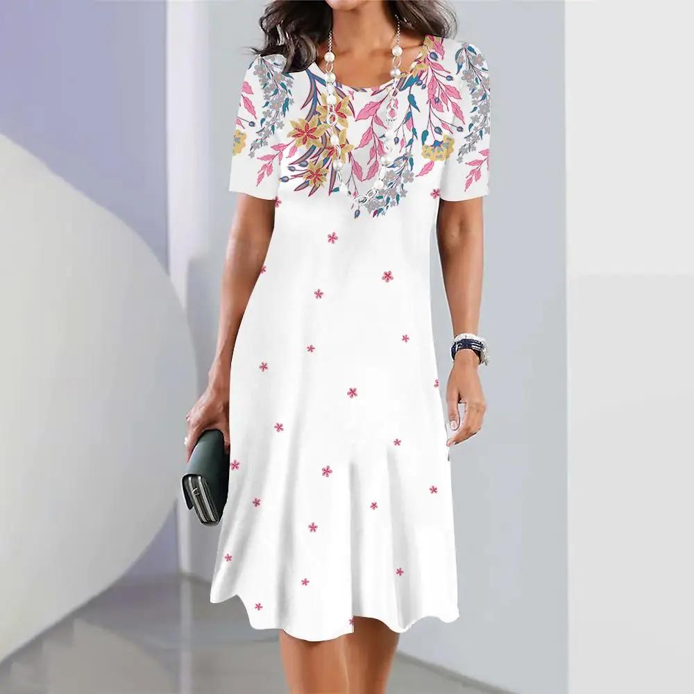 Short Sleeves Woman Clothing Party Classy Dresses 3d Flowers Print Dress Round Neck A-Line Skirt Loose Pullover Women's Clothing