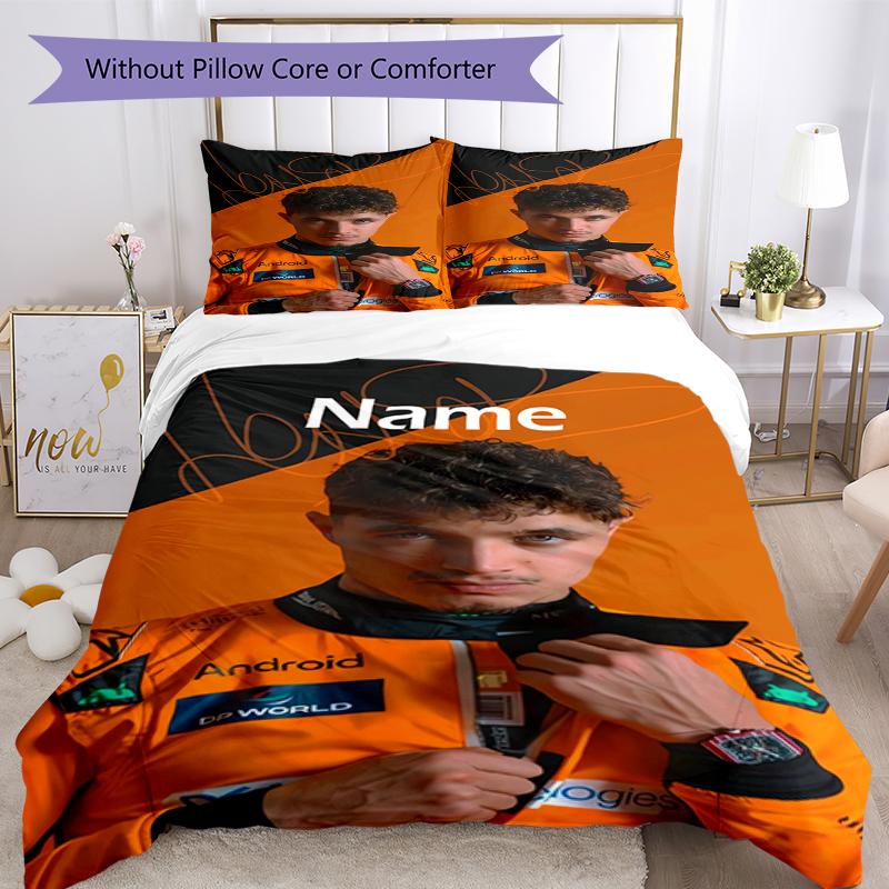 3pcs Custom Name Lando Norris Bedding Set Duvet Cover Closure Includes 1 Duvet Cover & 2 Pillowcases, Soft and Comfortable for All Seasons.