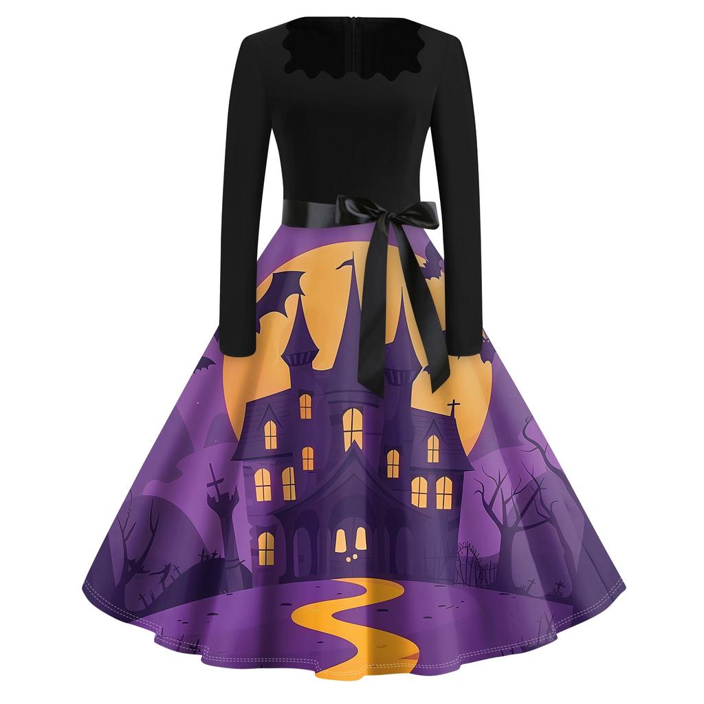 Платье с расклешенным принтом на Хэллоуин для женщин, платье с длинным рукавом, полые вечерние повседневные платья