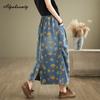 Mori Girl Осень-Весна Женская Джинсовая Юбка Миди Плюс Размер Высокая Талия Ретро Принт Юбка Подсолнух Винтаж Элегантные Дамские Юбки С Разрезом