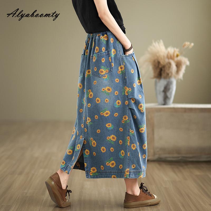 Mori Girl Осень-Весна Женская Джинсовая Юбка Миди Плюс Размер Высокая Талия Ретро Принт Юбка Подсолнух Винтаж Элегантные Дамские Юбки С Разрезом