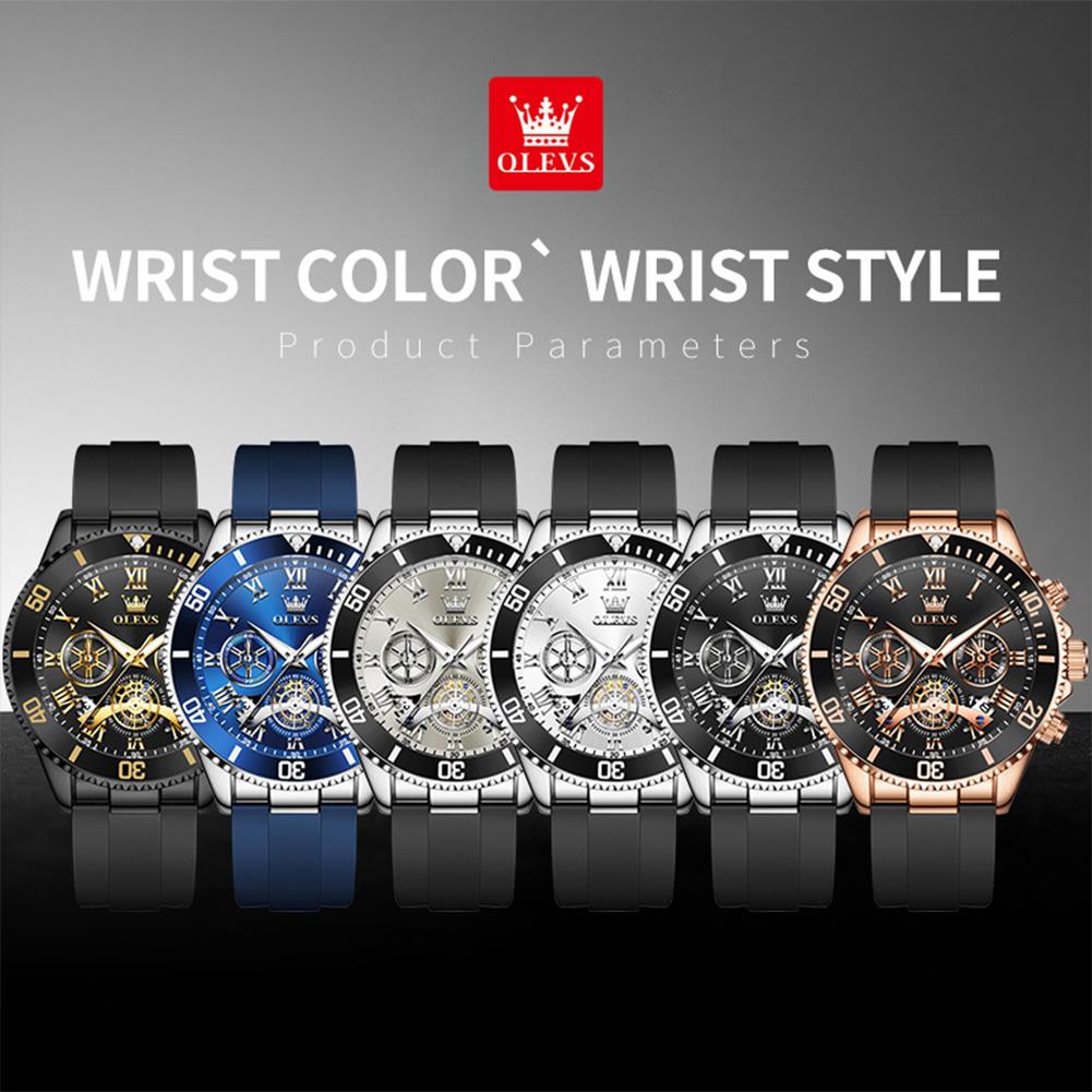 OLEVS Men's Watches Classic Trend Silicone Strap Original Quartz Wristwatch Flywheel Chronograph Waterproof Luminous Date 3730