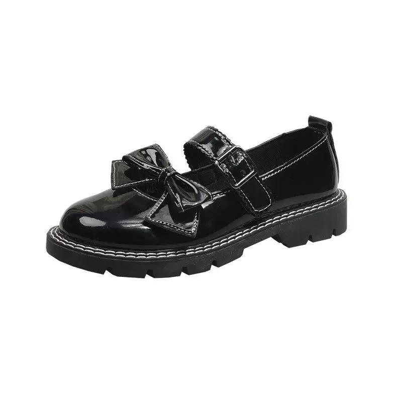 Черные туфли Мэри Джейн, студенческие туфли из японской кожи с бантом, женские, с пряжкой, противоскользящие, удобные, легкие, новинка 2025 года