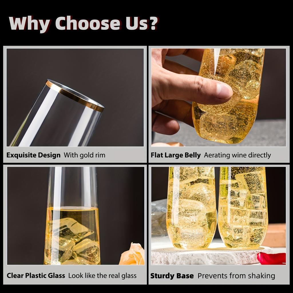 24шт. Пластиковые бокалы для вина, комбинированные (12 пластиковых бокалов для вина по 16 унций и 12 пластиковых фужеров для шампанского по 9 унций) Прозрачные одноразовые золотые диски без ножки Unbreaka