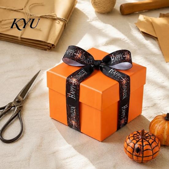 Halloween Party Favor Packaging Ribbon, 5 Yards 5/8" Pumpkin Spider Web Printed Ribbon for Holiday Crafts Gift Wrapping, DIY Wreath Bow Crafts,