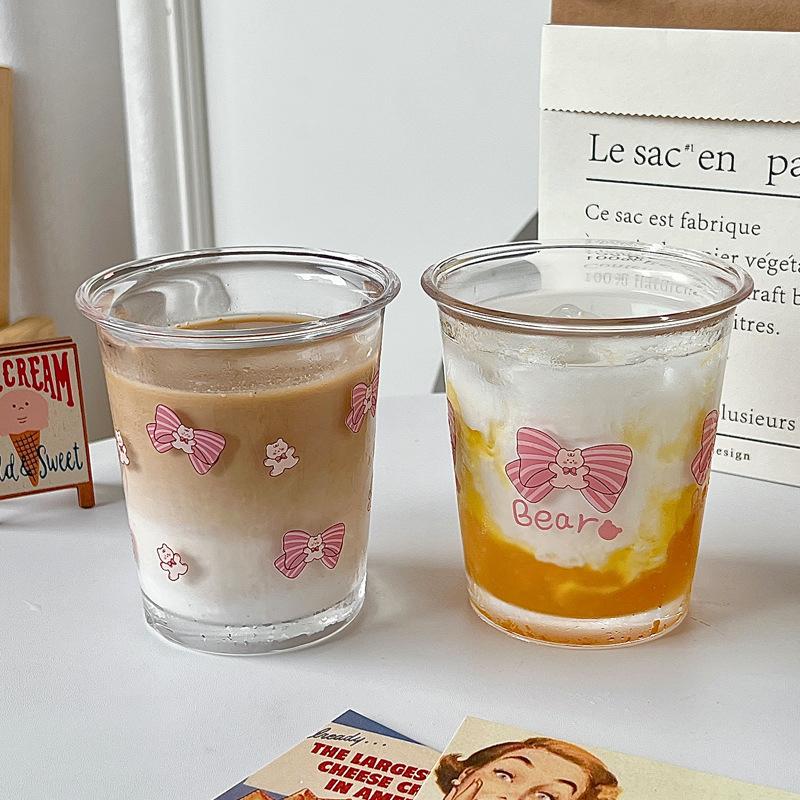 Милая стеклянная кружка с бантом для воды, мультяшная стеклянная кружка с бантом, полосатая милая кружка для кофе, бытовая кружка для фруктового чая, лимонада, подарок для девочек