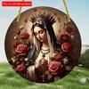 2D Flat 20cm1pc Virgin Mary Round Wooden Wall Hanging Decor, Rose Wreath Design Multifunctional Waterproof Home Decor Su