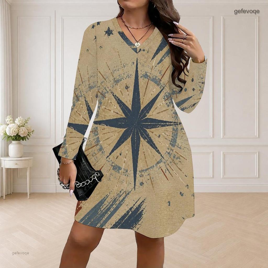 Women Plus Size V Neck Long Sleeve Printed Loose Fit Curved Hem Dress
