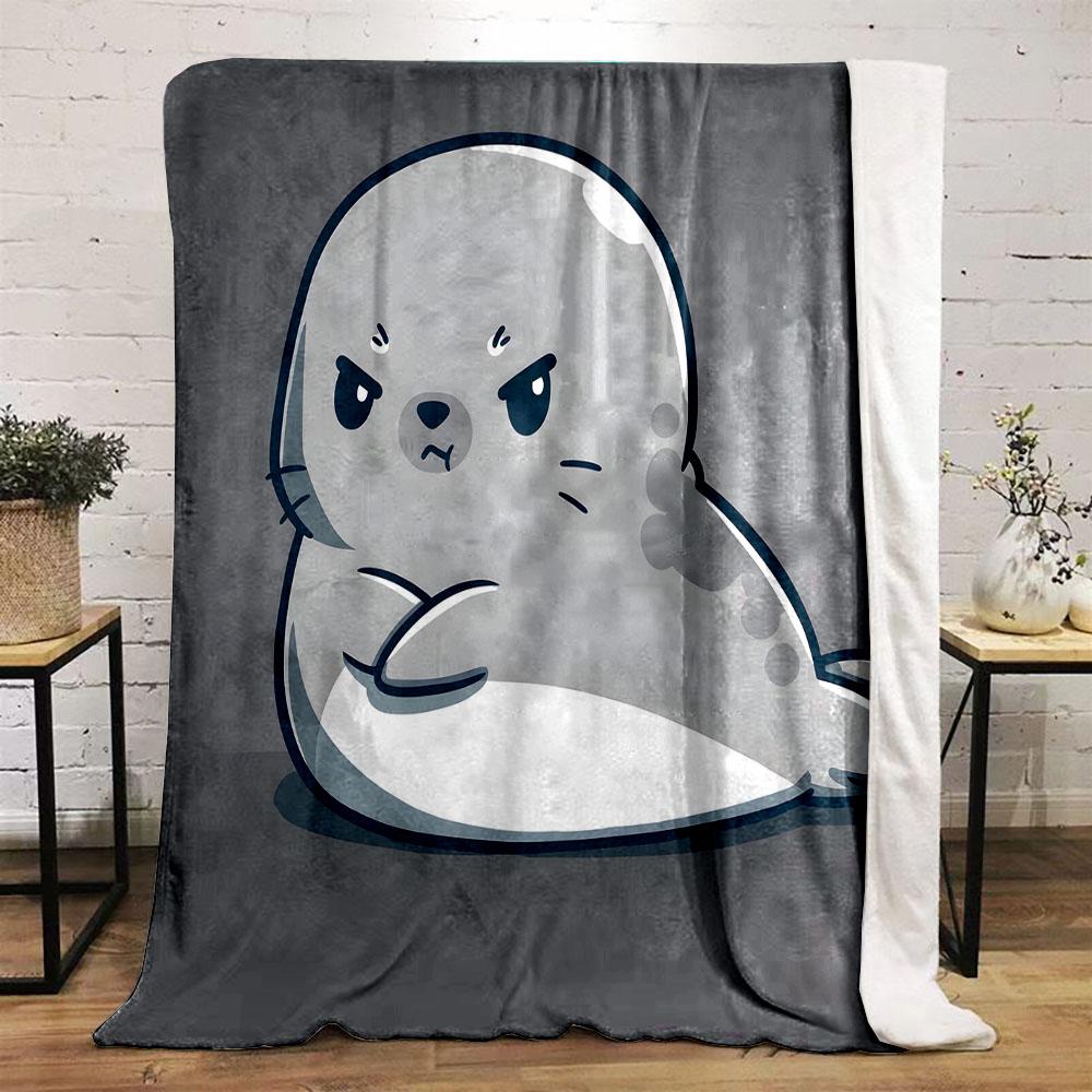 Angry Cartoon Seal on Grey Background Patterned flannel blanket perfect for the bedroom living room, sofa, or a little nap