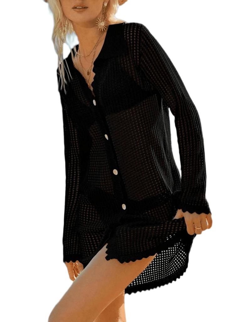 Women's Crochet Beach Cover Up Button Down Long Sleeve Cardigan Mini Dress