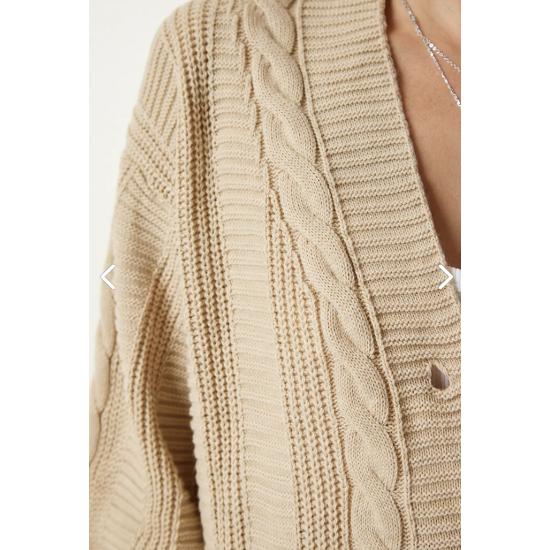 Kadın Krem Örgülü Balon Kollu Salaş Triko Hırka Standart Beden