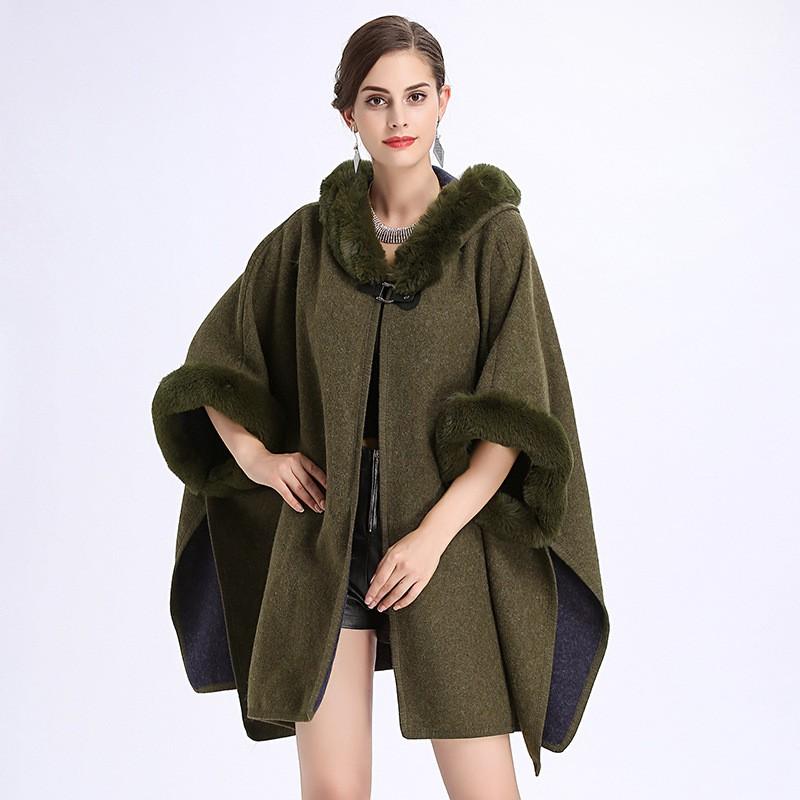 Womens Oversized Hooded Cape Coat With Faux Fur Trim Double-Faced Wool Blend Loose Fit Winter Warm Outerwear