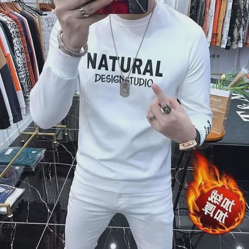 Высококачественная мужская европейская толстовка: Модный, с длинными рукавами, плюс бархат, весна/осень, утолщенный зимний топ