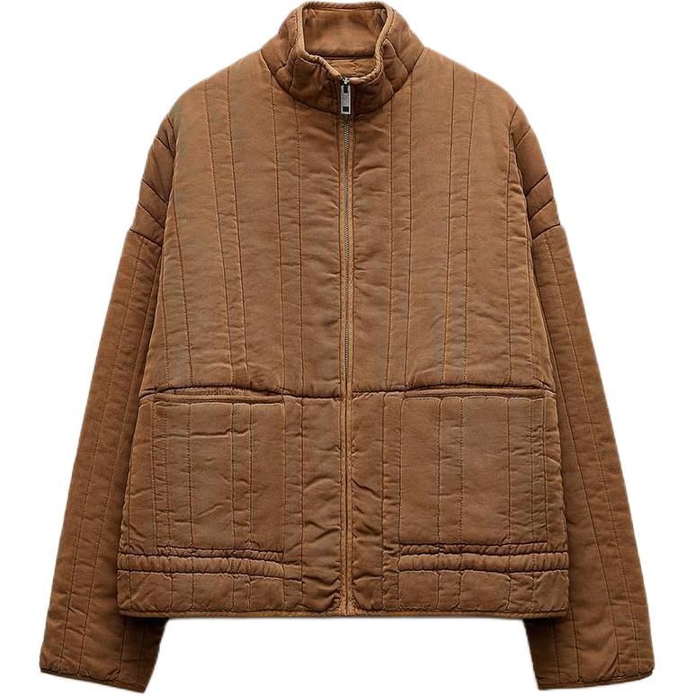 Zara Solid Color Stand Collar Drop Shoulder Long Sleeve Jacket Women Jackets Brown 4088048-732