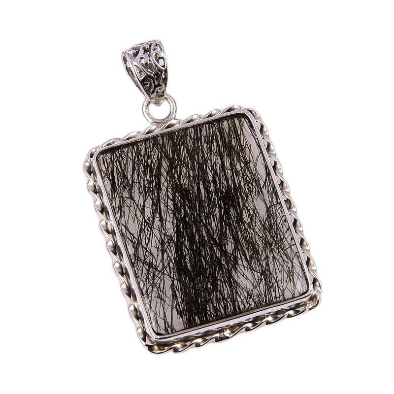 Natural Black Rutile Gemstone 925 Solid Sterling Silver Gift Pendant 2.5" w0G17