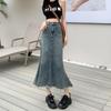 Denim Fishtail Skirt for Women High-waisted Slim Raw Edge Mid-length Skirt Y2k Vintage Clothing All-match Spring Summer