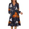 Women's V-Neck Flowing Layered Bohemian Long Sleeve Halloween Print Dress